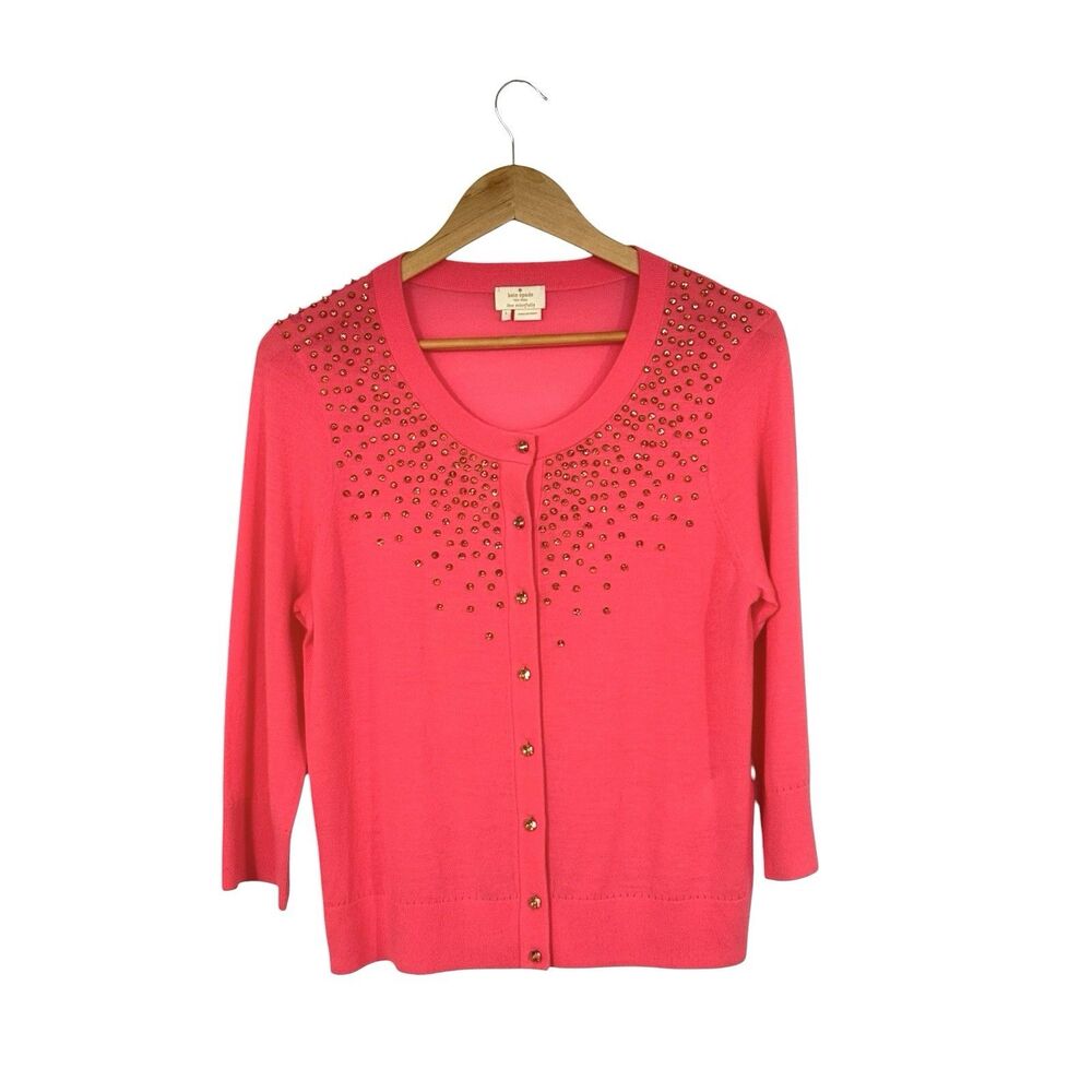 Kate Spade Wool Cardigan Women’s L “ALL THAT GLITTERS” Open Sweater Coral Pink